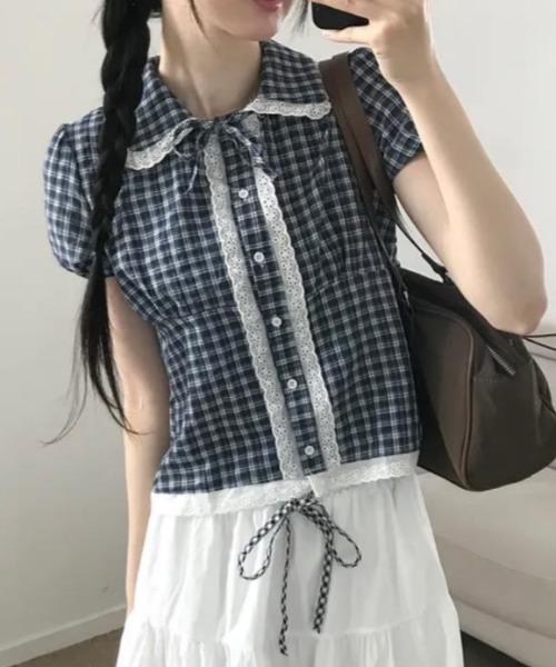 semplice（センプリチェ）の「シャツ【韓国ファッション】（シャツ/ブラウス・レディース・ネイビー/ホワイト・F）」の7枚目の写真