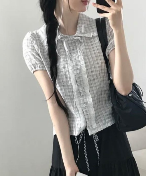 semplice（センプリチェ）の「シャツ【韓国ファッション】（シャツ/ブラウス・レディース・ネイビー/ホワイト・F）」の12枚目の写真