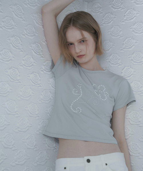 HEEARI（ヒアリー）の「エイミービーズコットンTシャツ_ライトグレー（Tシャツ/カットソー・レディース・その他・FREE）」の2枚目の写真
