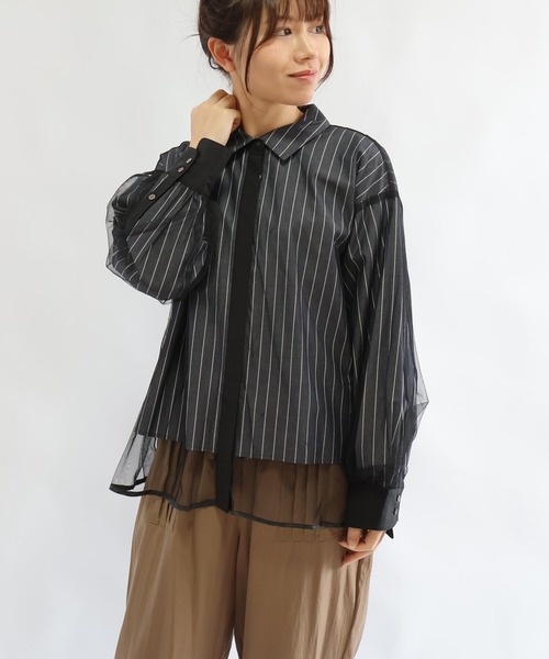 etre relie(エトレリー)の「チュールレイヤードブラウス(ストライプ)(シャツ/ブラウス・レディース・ブルー/オフホワイト/ブラック・MEDIUM)」の3枚目の写真