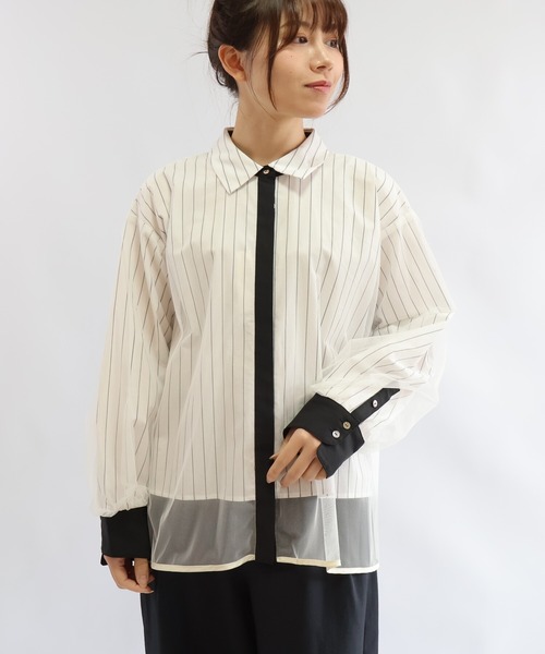 etre relie(エトレリー)の「チュールレイヤードブラウス(ストライプ)(シャツ/ブラウス・レディース・ブルー/オフホワイト/ブラック・MEDIUM)」の14枚目の写真