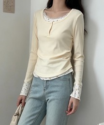 フェイクレイヤードヘンリーネックデザインロングスリーブTシャツ