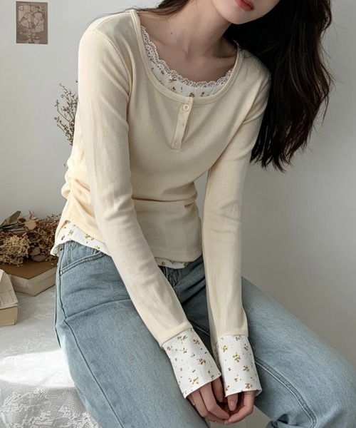 SHOUYO(ショウヨウ)の「フェイクレイヤードヘンリーネックデザインロングスリーブTシャツ(Tシャツ/カットソー・レディース・オフホワイト/ピンク・M)」の4枚目の写真