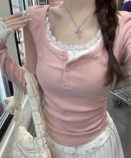 SHOUYO(ショウヨウ)の「フェイクレイヤードヘンリーネックデザインロングスリーブTシャツ(Tシャツ/カットソー・レディース・オフホワイト/ピンク・M)」の8枚目の写真
