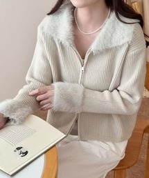 【ふわふわのファーがかわいい♪】【襟付き】ファー付ジップアップショート丈リブニットカーディガン/秋服/冬服