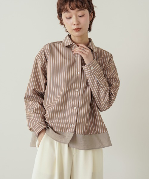 Bou Jeloud(ブージュルード)の「裾切替ストライプシャツ(シャツ/ブラウス・レディース・キャメル/ブルー・38)」の1枚目の写真