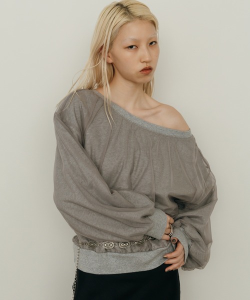 nenom（ネノム）の「【WEB先行予約】[nenom/ネノム] 2WAY シアーレイヤード バックオープンオフショルスウェット（スウェット・レディース・グレー/ブラック/オフホワイト・F）」の4枚目の写真
