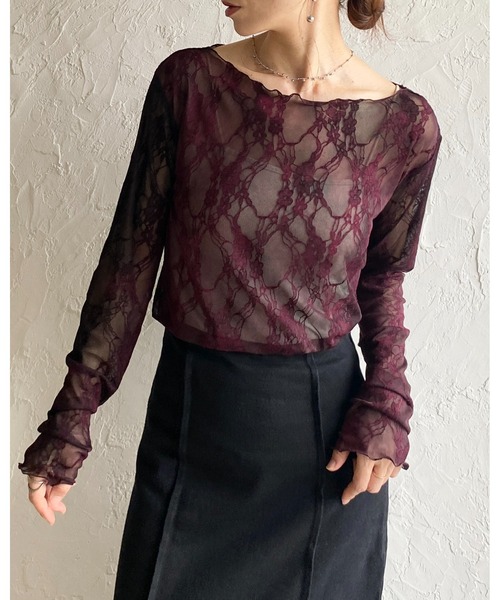 She's Closet（シーズクローゼット）の「ボートネック 花柄 ベロアフロッキー ジャガード シアートップス（Tシャツ/カットソー・レディース・グリーン/ボルドー・FREE）」の6枚目の写真