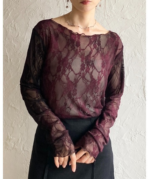She's Closet（シーズクローゼット）の「ボートネック 花柄 ベロアフロッキー ジャガード シアートップス（Tシャツ/カットソー・レディース・グリーン/ボルドー・FREE）」の14枚目の写真