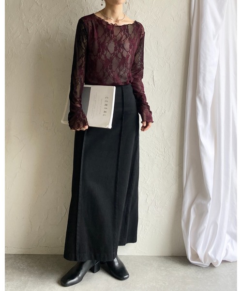 She's Closet（シーズクローゼット）の「ボートネック 花柄 ベロアフロッキー ジャガード シアートップス（Tシャツ/カットソー・レディース・グリーン/ボルドー・FREE）」の15枚目の写真