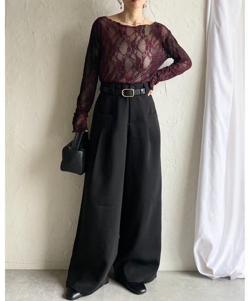 She's Closet（シーズクローゼット）の「ボートネック 花柄 ベロアフロッキー ジャガード シアートップス（Tシャツ/カットソー・レディース・グリーン/ボルドー・FREE）」の20枚目の写真