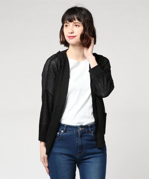 透け感のある黒カーディガン HUG.U カーディガン レディース トップス クルーネック 長袖 ライト