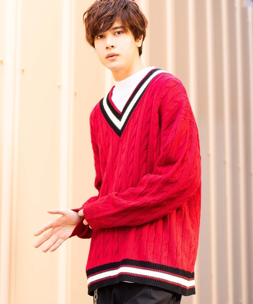 WEGO（ウィゴー）の「WEGO/ラインチルデンセーター（ニット/セーター・メンズ・ベージュ/ネイビー/ホワイト/杢グレー/レッド・MEDIUM/LARGE）」の5枚目の写真