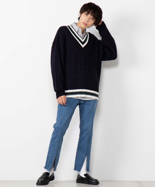 WEGO（ウィゴー）の「WEGO/ラインチルデンセーター（ニット/セーター・メンズ・ベージュ/ネイビー/ホワイト/杢グレー/レッド・MEDIUM/LARGE）」の17枚目の写真