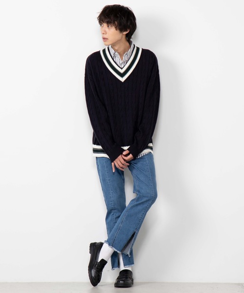 WEGO（ウィゴー）の「WEGO/ラインチルデンセーター（ニット/セーター・メンズ・ベージュ/ネイビー/ホワイト/杢グレー/レッド・MEDIUM/LARGE）」の14枚目の写真