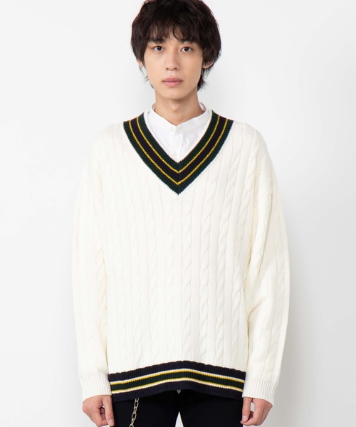 WEGO（ウィゴー）の「WEGO/ラインチルデンセーター（ニット/セーター・メンズ・ベージュ/ネイビー/ホワイト/杢グレー/レッド・MEDIUM/LARGE）」の10枚目の写真