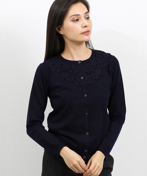 m.f.editorial(エムエフエディトリアル)の「エムエフエディトリアルレディース/m.f.editorial:Women ナイロンストレッチ衿レースニット長袖カーディガン(カーディガン)」|ネイビー