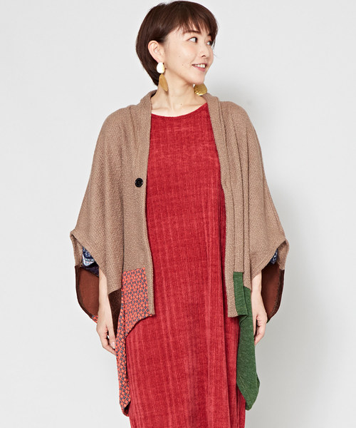 チャイハネ（チャイハネ）の「【チャイハネ】異素材ミックスパッチワークカーディガン（カーディガン/ボレロ・レディース・オレンジ/ネイビー/ベージュ・FREE）」の2枚目の写真