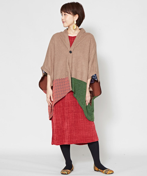 チャイハネ（チャイハネ）の「【チャイハネ】異素材ミックスパッチワークカーディガン（カーディガン/ボレロ・レディース・オレンジ/ネイビー/ベージュ・FREE）」の7枚目の写真