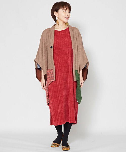 チャイハネ（チャイハネ）の「【チャイハネ】異素材ミックスパッチワークカーディガン（カーディガン/ボレロ・レディース・オレンジ/ネイビー/ベージュ・FREE）」の8枚目の写真