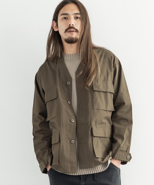 セール オーバーサイズ ショート丈ノーカラーミリタリージャケット ミリタリージャケット Revo レボ のファッション