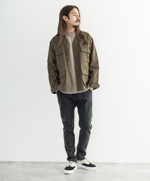 セール オーバーサイズ ショート丈ノーカラーミリタリージャケット ミリタリージャケット Revo レボ のファッション