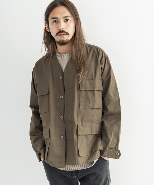 セール オーバーサイズ ショート丈ノーカラーミリタリージャケット ミリタリージャケット Revo レボ のファッション