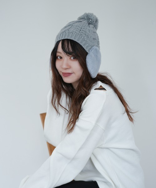 polcadot（ポルカドット）の「EAR COVER BONBON WATCH/イヤーカバーファー ニット（ニットキャップ/ビーニー・レディース・アイボリー/グレー/ベージュ/ラベンダー/ライトグレー/ブラック/ブルー/ライトグリーン/ライトベージュ・FREE）」の15枚目の写真