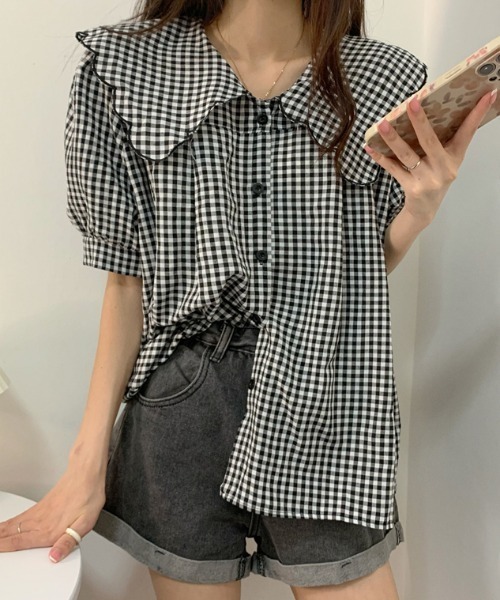 ABITOKYO（アビトーキョー）の「バルーンスリーブギンガムチェックBIGエリブラウス（シャツ/ブラウス・レディース・ブラック・FREE）」の9枚目の写真