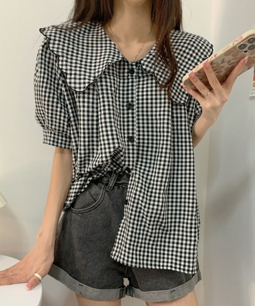 ABITOKYO（アビトーキョー）の「バルーンスリーブギンガムチェックBIGエリブラウス（シャツ/ブラウス・レディース・ブラック・FREE）」の4枚目の写真