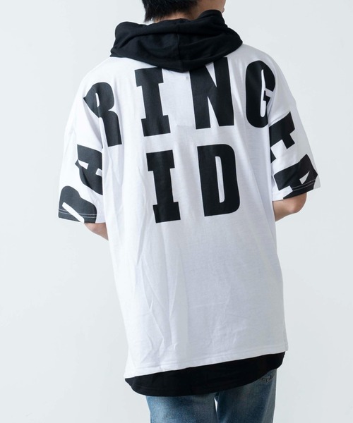 WEGO（ウィゴー）の「WEGO/ストレートラインレイヤード半袖プルパーカー（パーカー・メンズ・ブラック/ホワイト/ターコイズブルー/イエロー・LARGE/MEDIUM）」の2枚目の写真