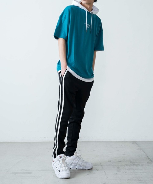 WEGO（ウィゴー）の「WEGO/ストレートラインレイヤード半袖プルパーカー（パーカー・メンズ・ブラック/ホワイト/ターコイズブルー/イエロー・LARGE/MEDIUM）」の12枚目の写真