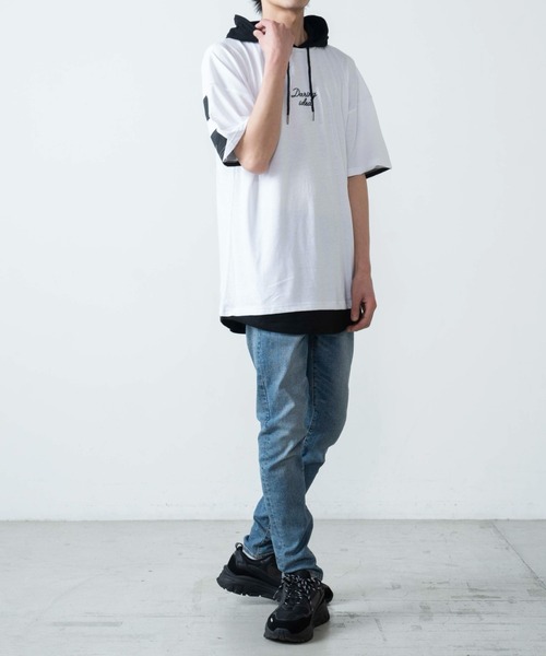 WEGO（ウィゴー）の「WEGO/ストレートラインレイヤード半袖プルパーカー（パーカー・メンズ・ブラック/ホワイト/ターコイズブルー/イエロー・LARGE/MEDIUM）」の6枚目の写真