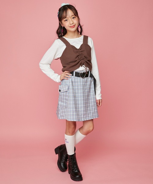 JENNI love（ジェニィラブ）の「ベルト付きチェックスカパン（スカート・キッズ・ベージュ/ピンク/サックスブルー・150cm/160cm/130cm/140cm）」の5枚目の写真