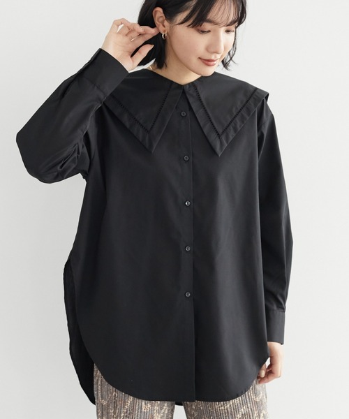Green　Parks（グリーンパークス）の「マルチWAY 衿付ノーカラーシャツ＊（シャツ/ブラウス・レディース・ブラック/オフホワイト・FREE）」の2枚目の写真