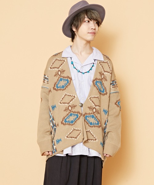 チャイハネ（チャイハネ）の「【チャイハネ】ネイティブ柄ニットMEN'Sカーディガン（カーディガン/ボレロ・メンズ・ベージュ/ネイビー/ブラウン/ブラック/ターコイズブルー・FREE）」の3枚目の写真