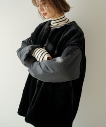 ファー×中綿ノーカラーコート