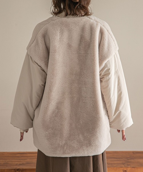 rectangle（レクタングル）の「ファー×中綿ノーカラーコート（ノーカラージャケット・レディース・アイボリー/ブラック/ブラウン・FREE）」の6枚目の写真