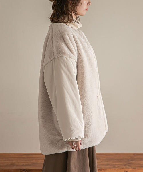 rectangle（レクタングル）の「ファー×中綿ノーカラーコート（ノーカラージャケット・レディース・アイボリー/ブラック/ブラウン・FREE）」の5枚目の写真