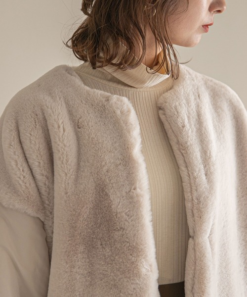 rectangle（レクタングル）の「ファー×中綿ノーカラーコート（ノーカラージャケット・レディース・アイボリー/ブラック/ブラウン・FREE）」の7枚目の写真