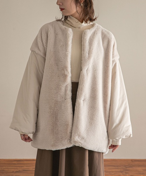 rectangle（レクタングル）の「ファー×中綿ノーカラーコート（ノーカラージャケット・レディース・アイボリー/ブラック/ブラウン・FREE）」の4枚目の写真