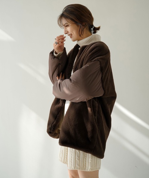 rectangle（レクタングル）の「ファー×中綿ノーカラーコート（ノーカラージャケット・レディース・アイボリー/ブラック/ブラウン・FREE）」の13枚目の写真