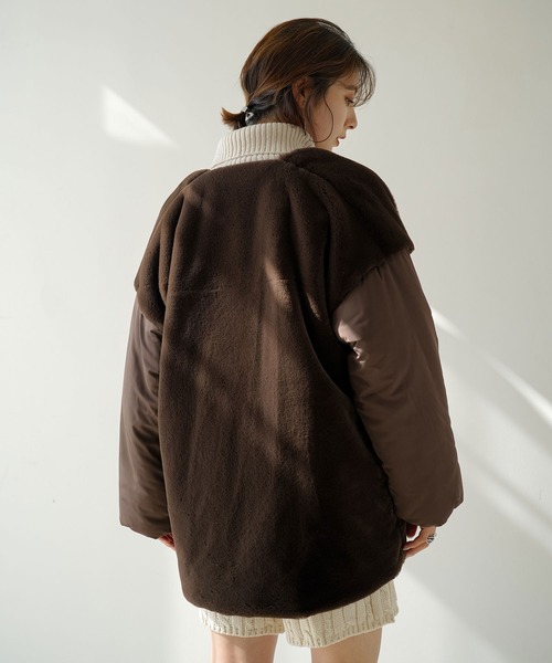 rectangle（レクタングル）の「ファー×中綿ノーカラーコート（ノーカラージャケット・レディース・アイボリー/ブラック/ブラウン・FREE）」の12枚目の写真