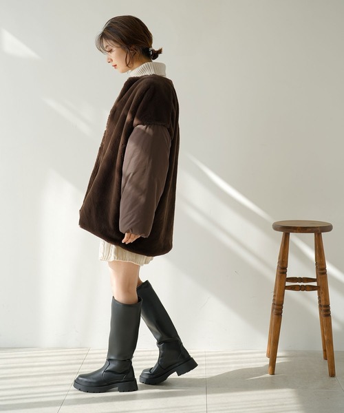 セール】ファー×中綿ノーカラーコート（ノーカラージャケット