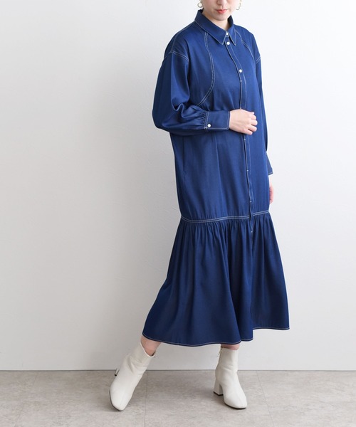 LHELBIE（レルビエ）の「ダンガリーティアードシャツワンピ（シャツワンピース・レディース・インディゴブルー/ブルー/ライトベージュ・M）」の10枚目の写真