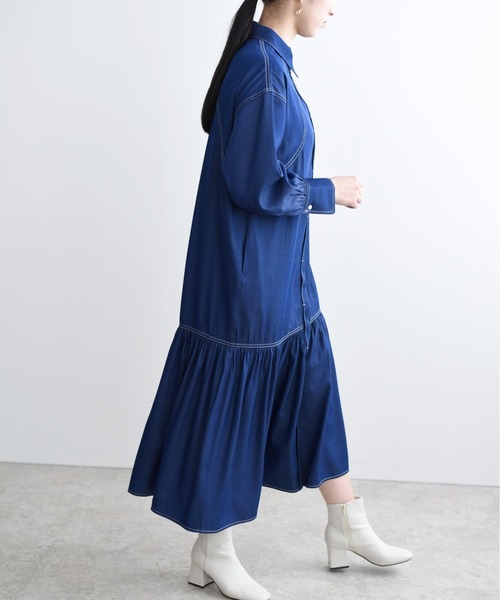 LHELBIE（レルビエ）の「ダンガリーティアードシャツワンピ（シャツワンピース・レディース・インディゴブルー/ブルー/ライトベージュ・M）」の7枚目の写真
