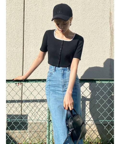 EMODA（エモダ）の「コンパクトショートリブニット（Tシャツ/カットソー・レディース・ホワイト/ブラック/パープル/イエロー/グリーン・FREE）」の17枚目の写真