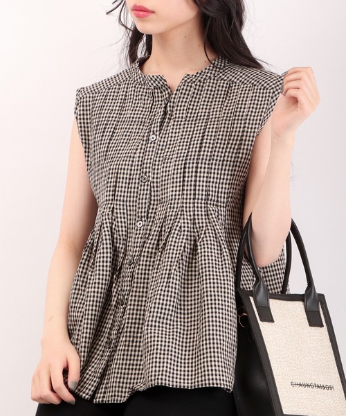 ubasoku（ウバソク）の「ubasoku リネン無地 ノースリーブブラウス（シャツ/ブラウス・レディース・ブラック/チェック/ブラック系その他/ホワイト・FREE）」の4枚目の写真