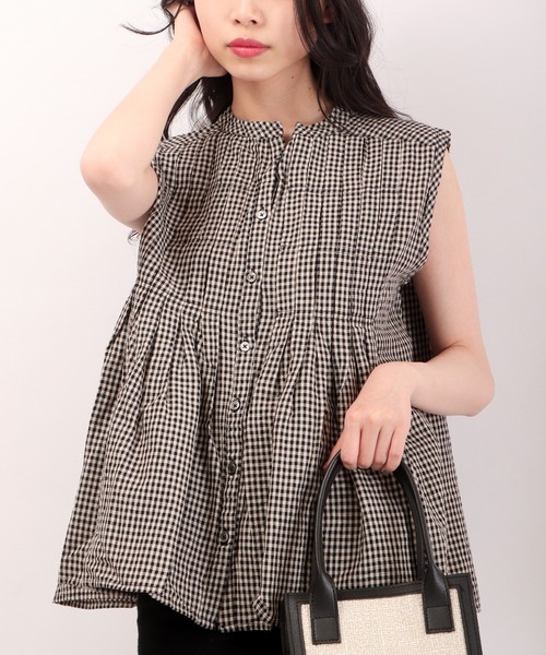 ubasoku（ウバソク）の「ubasoku リネン無地 ノースリーブブラウス（シャツ/ブラウス・レディース・ブラック/チェック/ブラック系その他/ホワイト・FREE）」の7枚目の写真