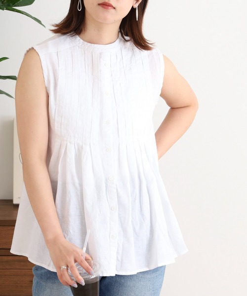 ubasoku（ウバソク）の「ubasoku リネン無地 ノースリーブブラウス（シャツ/ブラウス・レディース・ブラック/チェック/ブラック系その他/ホワイト・FREE）」の17枚目の写真